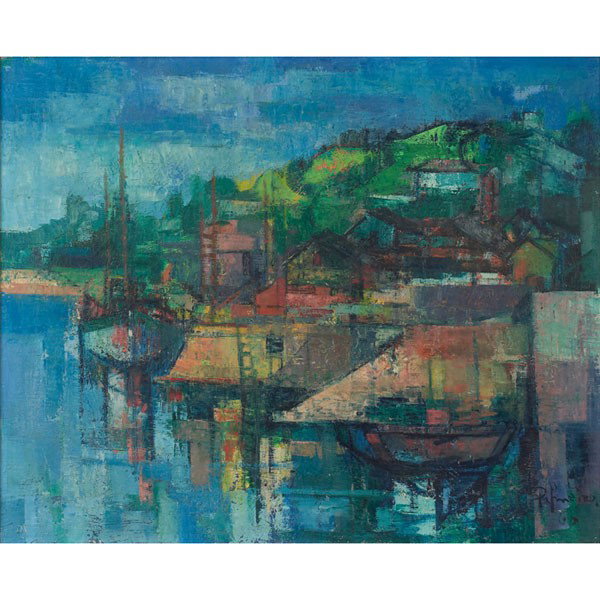 Jose Palmeiro (Spanish, 1901-1984) "Le Fret Finist: Jose Palmeiro (Spanish, 1901-1984) "Le Fret Finistere," 1960, oil on canvas, 23.5" x 29", signed and dated lower right, signed, titled and dated on verso, framed