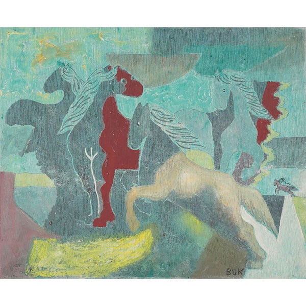 Eduard Buk Ulreich (American, 1889-1962) "Horses,": Eduard Buk Ulreich (American, 1889-1962) "Horses," c. 1955, casein on panel, 15" x 18.25", signed lower right, titled on verso, in artist-made frame