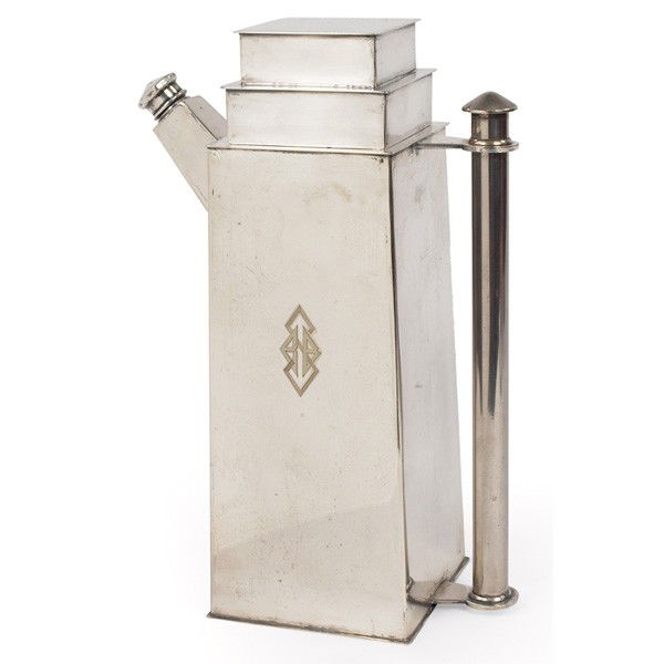 Louis W. Rice Skyscraper cocktail shaker: Louis W. Rice Skyscraper cocktail shaker, by Bernard Rice's Sons, Inc., c.1930, from the "Apollo Studios" line, electroplated nickel silver, screw-on cap, stepped lid design, marked on bottom "Skyscra