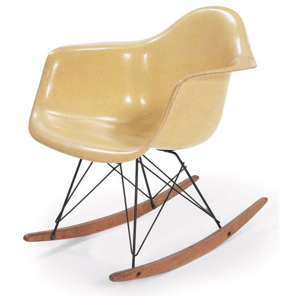 Charles & Ray Eames RAR (rocker), Herman Miller, y: Charles and Ray Eames RAR (rocker), by Herman Miller, yellow molded fiberglass shell with black wire struts and birch runners, original finish, large rubber shock mounts, 24.75"w x 27"d x 27"h, very g