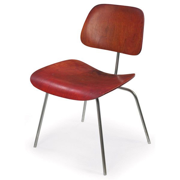 Charles & Ray Eames DCM dining chair: Charles and Ray Eames DCM dining chair, by Herman Miller, 1950s, molded birch plywood seat and back with original red aniline dyed finish, metal frame, original feet missing, original finish, 19.5"w x
