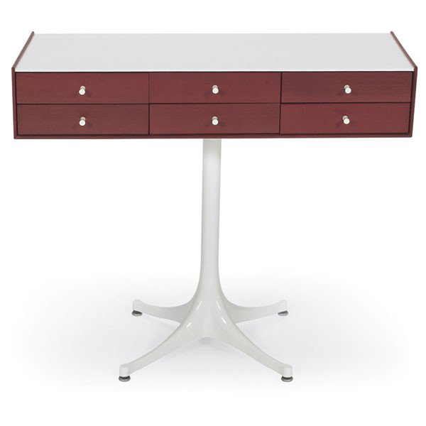 George Nelson jewelry cabinet/chest, Herman Miller: George Nelson jewelry cabinet/chest, by Herman Miller, c.2005, teak case with six small drawers over a white aluminum base, George Nelson/Herman Miller tag, original finish, a reissue of the original 