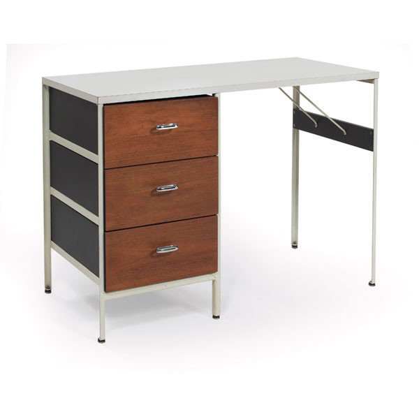 George Nelson Steelframe desk, Herman Miller: George Nelson Steelframe desk, by Herman Miller, white metal frame with three walnut drawers under a white laminate top, dark gray sides, signed with round metal tag, all feet intact, 42"w x 17"d x 29
