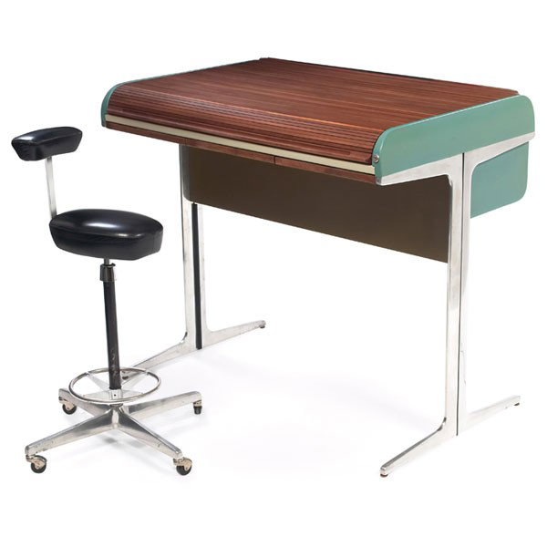 George Nelson & Robert Propst Action Office roll-t: George Nelson and Robert Propst Action Office roll-top desk and Perch stool, by Herman Miller, stand-up height architect's desk with walnut roll-top over laminate desk surface, two shallow drawers wit