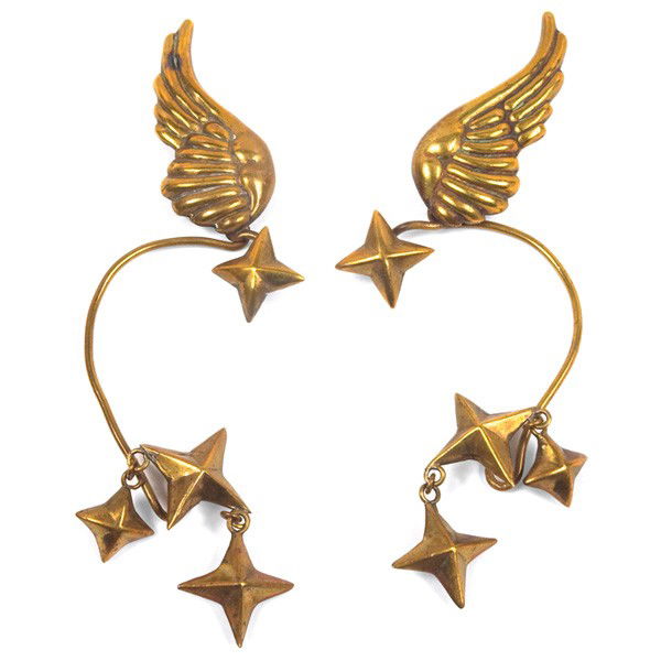 Hubert Harmon ear cuffs, Taxco, Mexico, c.1949: Hubert Harmon ear cuffs, Taxco, Mexico, c.1949, gilt silver, adorned with wing to top and two dangling stars to bottom, each bears stamped mark "Hubert Harmon Made in Mexico" with feet hallmark, 2"w x