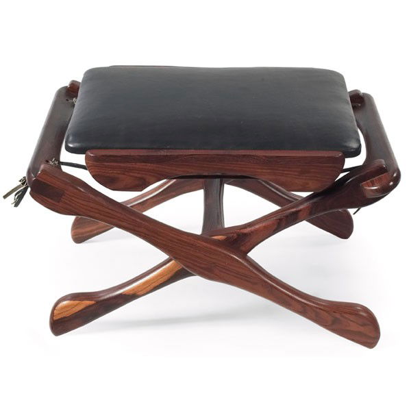 Don Shoemaker folding stool, Senal, Mexico: Don Shoemaker folding stool, by Senal, Mexico, c. 1960, solid rosewood frame with removable seat covered in black leather, original finish, original black leather upholstery, 23"w x 17"d x 13"h, very