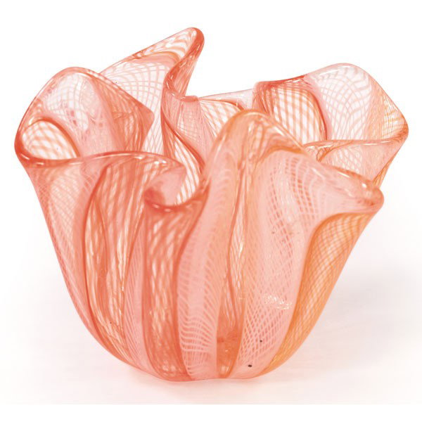 Venini handkerchief vase, Murano, Italy: Venini handkerchief vase, Murano, Italy, red and white latticino glass, signed with three-line acid stamp "Venini Murano Italia", 4"dia x 3"h, mint condition