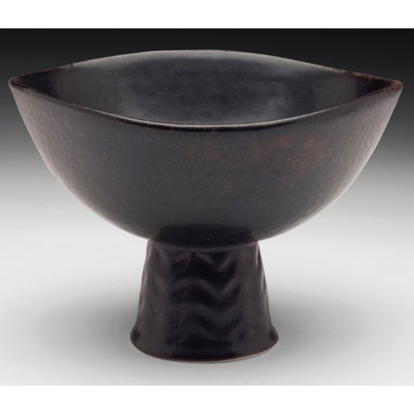 Rorstrand compote, leaf designs on foot: Rorstrand compote, unusual form with impressed leaf designs on foot, covered in a brown matte glaze, artist initials CHS, marked, 5.5"w x 4"h