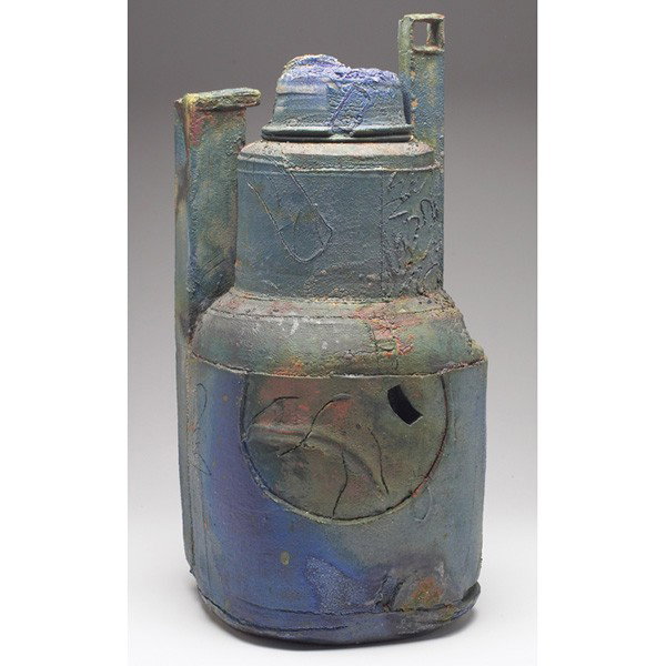 Kris Cox lidded jar, c. 1980: Kris Cox lidded jar, c. 1980, large and unusual form with a multicolored and textured glaze, saggar-fired, signed, #V834B, 10"w x 23"