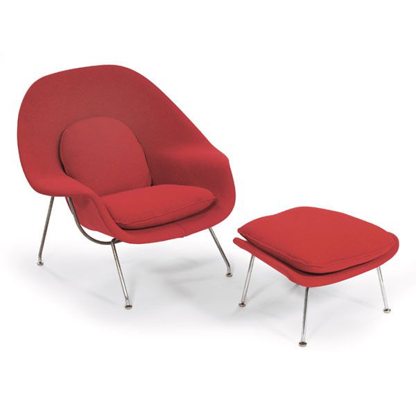 Eero Saarinen Womb chair & ottoman, Knoll, red: Eero Saarinen Womb chair and ottoman, by Knoll, red upholstery over chromed steel frames, newly reupholstered, 38"w x 34"d x 36"h, ottoman: 25"w x 20"d x 16"h, very good condition