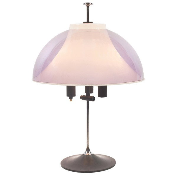 Gino Sarfatti table lamp, attribution, Italy: Gino Sarfatti table lamp, attribution, Italy, two-part shade in opaque white and light violet plastic, uses three bulbs, shade adjusts in height, 14"dia x 21"h, very good original condition