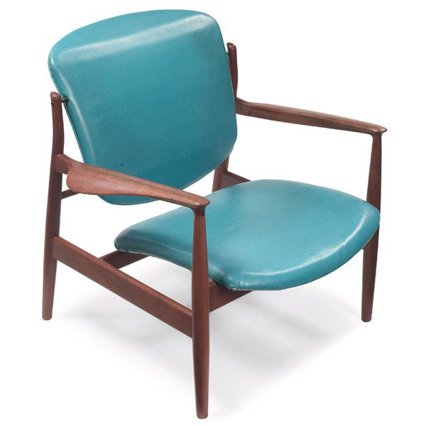 Finn Juhl lounge chair, France & Sons, c.1958: Finn Juhl lounge chair, by France and Sons, c.1958, teak frame with sculptural armrests, brass spacers, original finish, replaced upholstery, signed with France and Son and John Stuart decals, 31"w x 