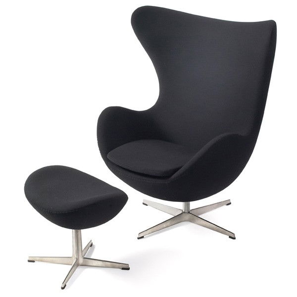 Arne Jacobsen Egg chair & ottoman, Fritz Hansen: Arne Jacobsen Egg chair and ottoman, by Fritz Hansen, 2003, original black wool upholstery, four-point aluminum and stainless steel base, chair has an adjustment lever under the seat and tilts and swi