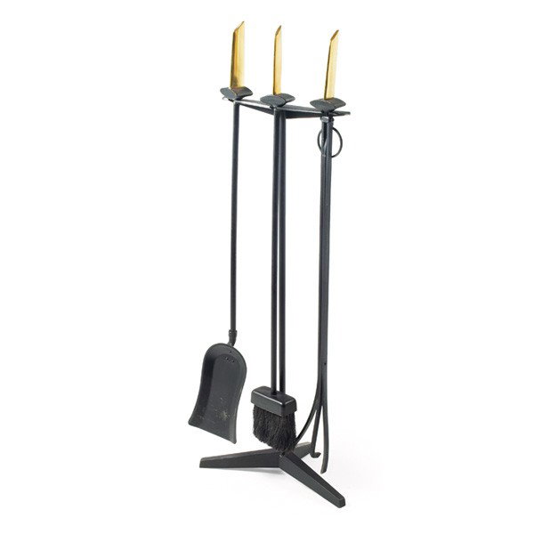 Donald Deskey fire tools, by Bennett:: Donald Deskey fire tools, by Bennett, USA, 1950s, cast-iron stand with three tools (poker, brush, shovel) with brass decoration to handles, original black finish, 32"h, excellent original condition