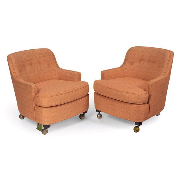 Edward Wormley armchairs, pair:: Edward Wormley armchairs, pair, by Dunbar, original upholstery with tufted buttons and welted trim, on castors, each with "Dunbar for Modern" paper tag, 26.5"w x 28"d x 28"h, very good condition