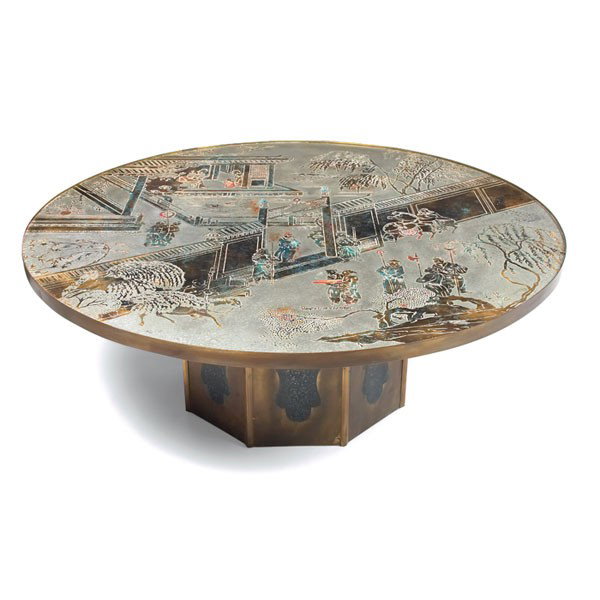 Philip and Kelvin LaVerne "Chan" coffee table: : Philip and Kelvin LaVerne "Chan" coffee table, 1960s, pewter, bronze and enamel top with acid-etched and carved Asian motif faceted platform base, signed in surface of top, Philip LaVerne Galleries pa