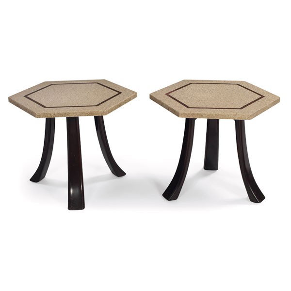 Harvey Probber occasional tables, pair, hexagonal : Harvey Probber occasional tables, pair, by Harvey Probber, Inc., hexagonal composite top with inset brass trim over tapered and flared mahogany legs, original finish, 22"dia x 17"h, very good original