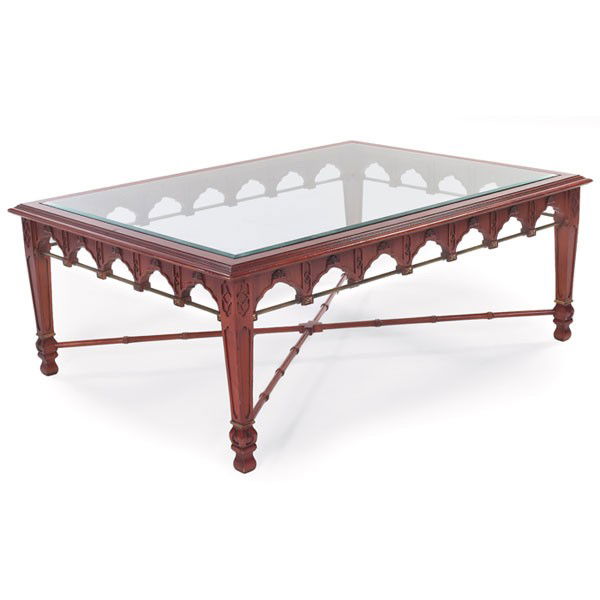 John Widdicomb coffee table, glass top: John Widdicomb coffee table, USA, attribution, inset glass top, carved wood frame with brass rods, lower bamboo-carved stretcher, 47.5"w x 35.5"d x 18.25"h, original finish, very good original conditi