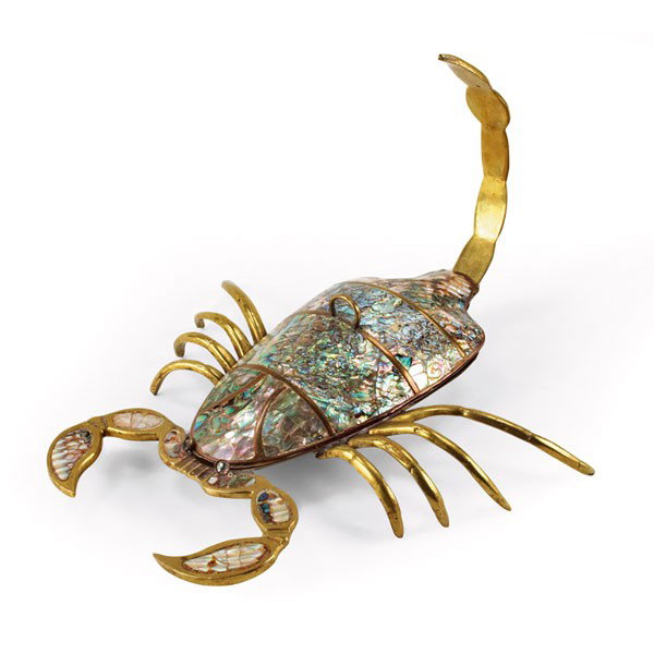 Mexican scorpion dish, brass, copper, abalone: Mexican scorpion dish, brass and copper with abalone-covered lid, unmarked, 12"w x 10"d x 6"h, very good original condition