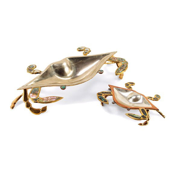 Mexican crab dishes, two, brass, copper, abalone: Mexican crab dishes, two, brass and copper with abalone trim, stamped marks "Corre Mexico" and "Hecho en Mexico Handwrought Metales", 18.5"w x 9.5"d x 3.25"h, small: 9.5"w x 6"d x 1.75"h, very good or