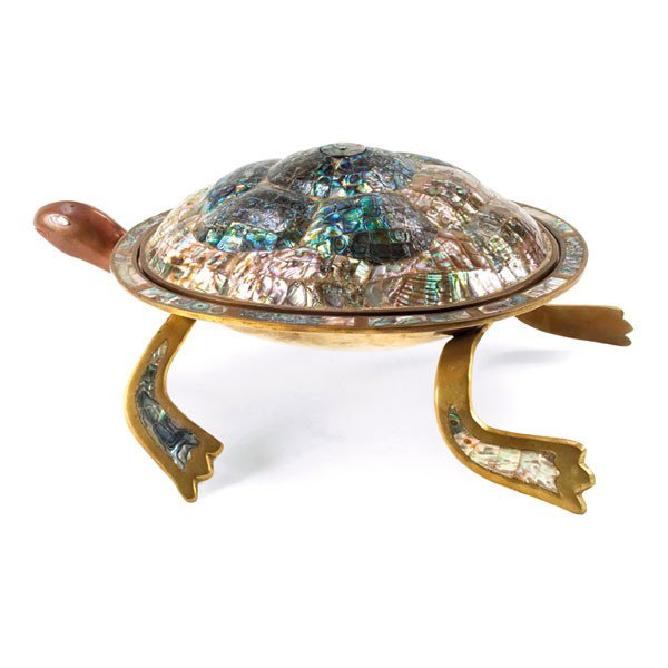 Mexican turtle dish, brass, copper, abalone lid: Mexican turtle dish, brass and copper with abalone-covered lid with hidden handle on chain, stamped mark "Hecho en Mexico Handwrought 83 Metales", 15"w x 9.5"d x 7"h, very good original condition