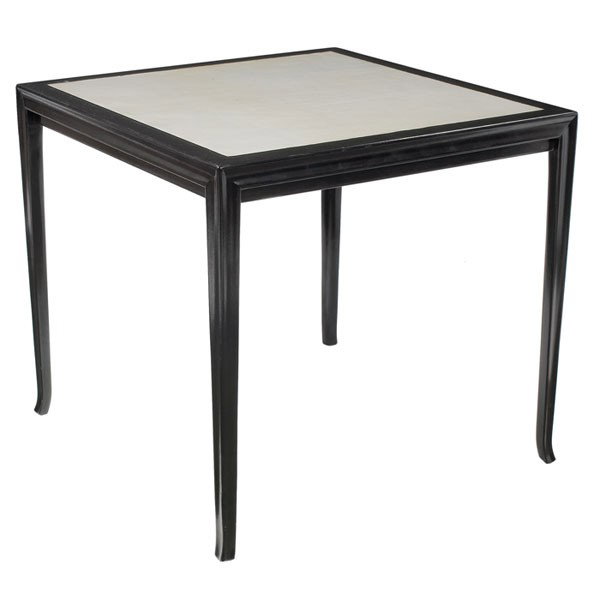 T.H. Robsjohn-Gibbings game/card table, Baker: T.H. Robsjohn-Gibbings game/card table, by Baker Furniture, black stained walnut frame with sculpted legs, inset white leather top, documented, refinished, 32"sq x 29"h, Baker metal tag, very good con