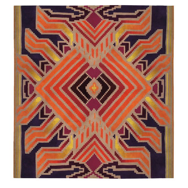 Edward Fields carpet, USA, 186" x 190": Edward Fields carpet, USA, by Edward Fields, Inc., 100% virgin wool, geometric design in purple, magenta, yellow, red and orange on a tan field, signed along edge of backing, 186" x 190", some wear an