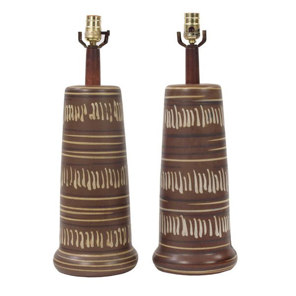 Gordon and Jane Martz table lamps, pair: Gordon and Jane Martz table lamps, pair, for Marshall Studios, ceramic with brown glaze with hand-painted vertical and horizontal lines, Marshall Studios label, each signed "Martz" by cord, 19"h, exce