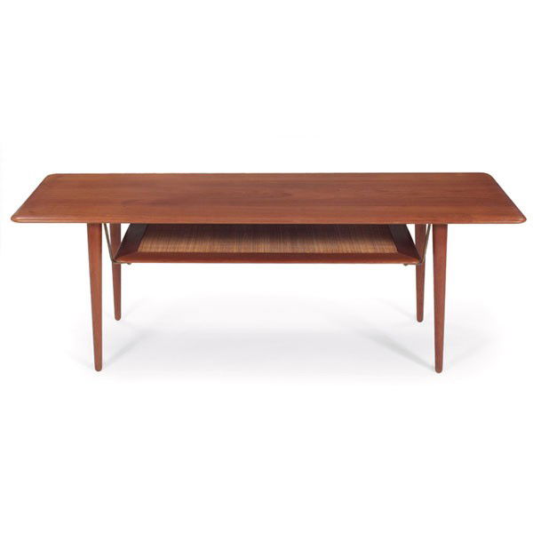 Peter Hvidt & Orla Nielsen coffee table, rectangul: Peter Hvidt and Orla Nielsen coffee table, by France and Sons, Denmark, rectangular teak top over caned lower shelf with brass rods, signed with metal tag, 60"w x 20"d x 20"h, excellent condition