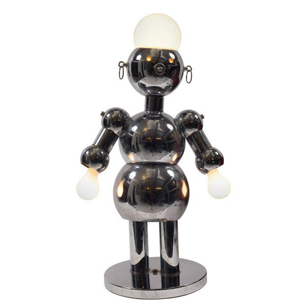 Torino robot lamp, Italy, chrome: Torino robot lamp, Italy, chrome, head and hands light independently, switch serves as nose, eyes glow, Torino label, 16"w x 28.5"h, very good original condition