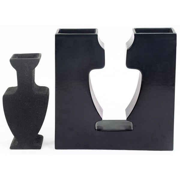 Paola Palma & Carlo Vannicola vases, 2, Bitossi: Paola Palma and Carlo Vannicola vases, two, by Bitossi, Italy, limited edition, textured and matte glazes, Bitossi paper label, overall: 9.75"w x 2.25"d x 9.75"h, mint condition