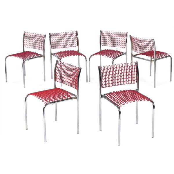 David Rowland "Sof-Tech" chairs, 6, Thonet: David Rowland "Sof-Tech" chairs, six, by Thonet, flexible red coated seats and backrests on chromed metal frames, 19.5"w x 19"d x 30"h, labeled, very good original condition