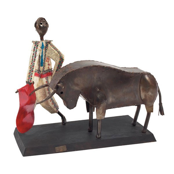 Luis Felguerez sculpture, bullfighter & bull: Luis Felguerez sculpture, bullfighter and bull, papier mache, metal and wood, signed with metal plaque, 15"w x 6.5"d x 11.5"h, excellent condition