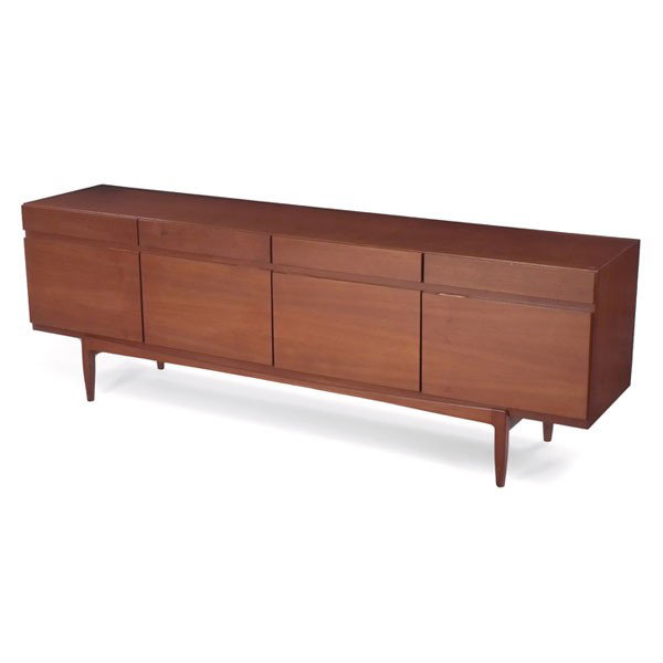 Ib Kofod-Larsen sideboard, Faarup Mobelfabrik: Ib Kofod-Larsen sideboard, by Faarup Mobelfabrik, Denmark, teak, four drawers above four doors, door at far left conceals five shallow drawers, original finish, 90.75"w x 19.5"d x 30"h, very good orig