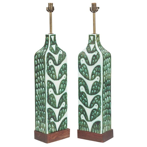 Alessio Tasca for Raymor table lamps, pair: Alessio Tasca for Raymor table lamps, pair, large ceramic forms with green and white decoration, signed on bottom of ceramic, wood bases, 8.5"w x 5.75"d x 29"h, 37"h to sockets, very good condition