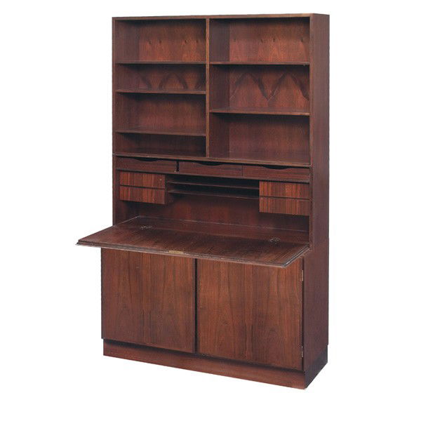 Omann Jun rosewood writing desk, 2 pcs: Omann Jun rosewood writing desk, Denmark, two pieces, upper cabinet with drop-front desk and five shelves, desk area contains three trays and four small drawers, lower cabinet with two doors, interior