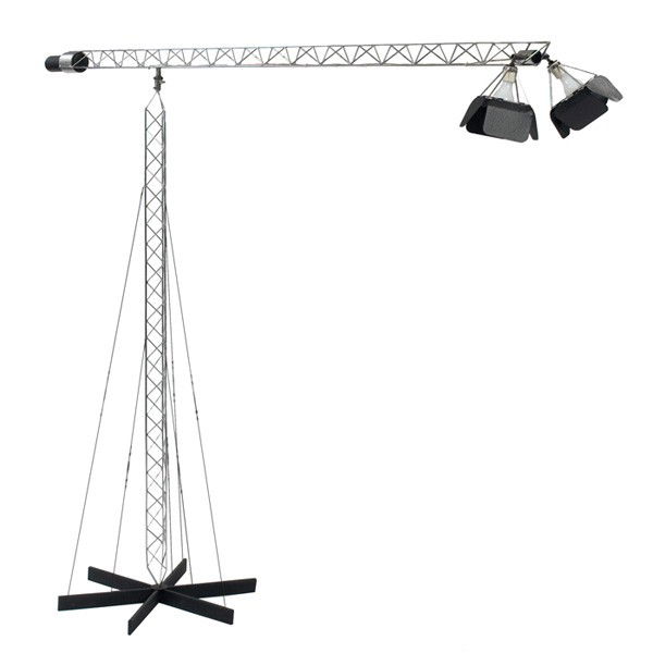 C. Jeré "Crane" floor lamp, 97" boom arm: C. Jere "Crane" floor lamp, chromed metal wire structure over a black enameled base, two adjustable light sources with polished diffusers, adjustable arm with counterweight, signed "C. Jere" with ille
