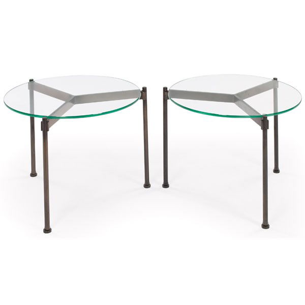 Ward Bennett occasional tables: Ward Bennett occasional tables, pair, bronze three-leg bases with tri-form supports, round glass tops, 18.5”dia x 15.75”h, very good condition