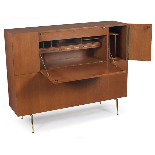 T.H. Robsjohn-Gibbings room divider cabinet: T.H. Robsjohn-Gibbings room divider cabinet, by Widdicomb, mahogany, cast brass legs, one side with drop-front desk with three small drawers and compartments and a small door, desk is electrified and 