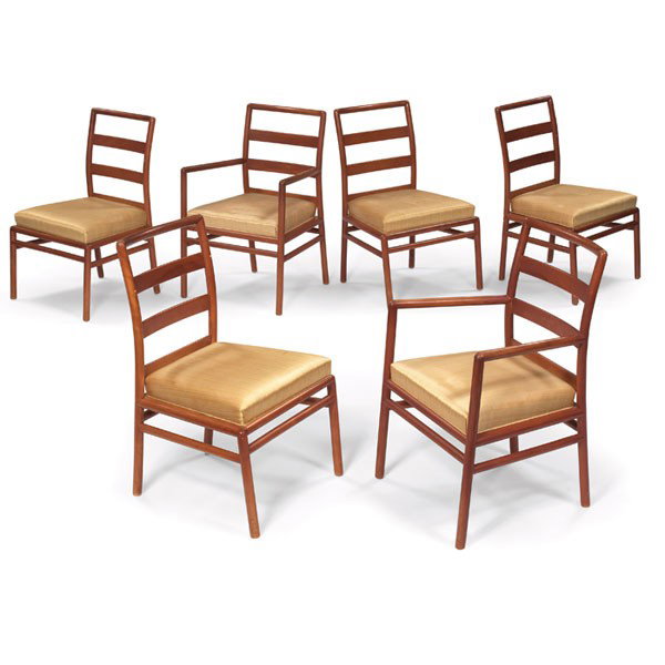 T.H. Robsjohn-Gibbings dining chairs, 6, Widdico: T.H. Robsjohn-Gibbings dining chairs, six, by Widdicomb, two armchairs and four side chairs, round maple frames with horizontal slats to backs and yellow silk upholstery, unsigned, original finish, ar