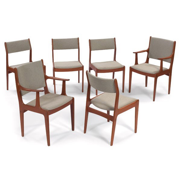 Scandinavian Woodworks chairs, 6, teak: Scandinavian Woodworks chairs, six, teak, two armchairs and four side chairs, seats and backrests nicely reupholstered in neutral fabric, 22.5"w x 20"d x 35"h, very good condition