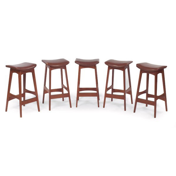Danish Modern bar stools, five, teak:: Danish Modern bar stools, five, teak, original brown vinyl upholstery to seats, signed with Danish Control labels, original finish, 15"w x 12.5"d x 28.75"h, very good condition