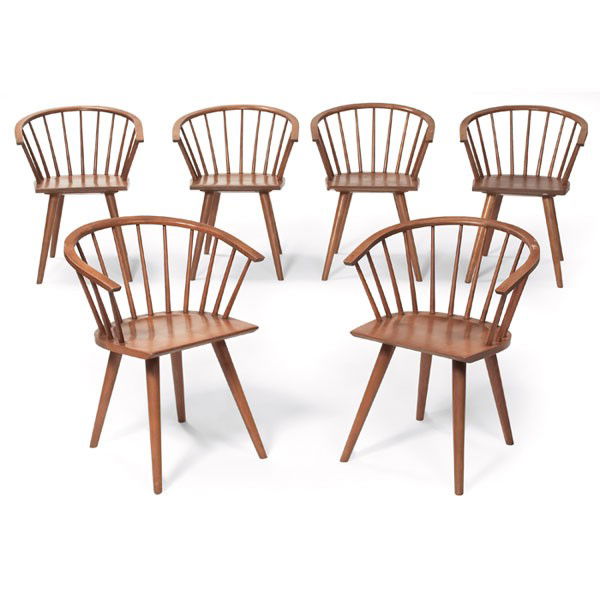 Russel Wright chairs, by Conant Ball, set of six: Russel Wright chairs, by Conant Ball, set of six, maple, solid seat and tapered legs, curved backrest and dowel supports, signed with Conant Ball brand, 24"w x 22"d x 29"h, refinished, very good condi
