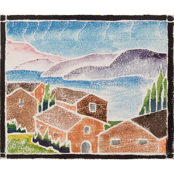 Jay Douglas white line woodcut, "Houses in Landscape: Jay Douglas (American, 20th century) "Houses in Landscape," c. 1950, white line woodcut, 5.75" x 7", signed lower right, unframed