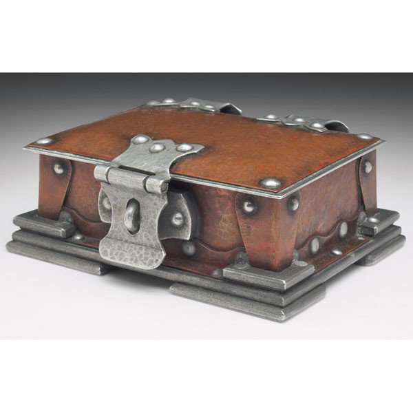 Arts and Crafts box: Arts & Crafts box, hammered copper & aluminum metal salvaged from the SMS Frankfurt, c. 1920’s, original patina, unmarked, 6.25”w X 2.5”h