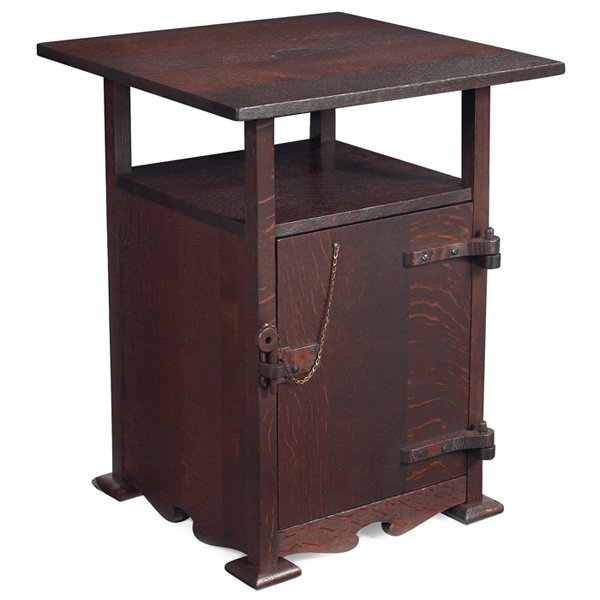 Jamestown cellarette, square top : Jamestown cellarette, square top above an open shelf and single door with original locking mechanism, refinished, unsigned, distress to top, 22"w x 22"d x 28"h, very good condition