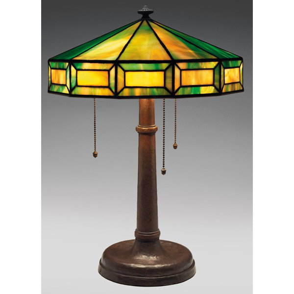 Arts & Crafts lamp: Arts & Crafts lamp, hammered copper base supporting a leaded glass shade in a geometric pattern, original patina to copper, base marked Gustav Stickley, overall: 13.75"w x 19.5"h