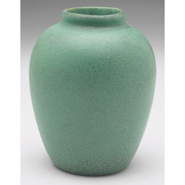 Teco vase, shape #200, William Gates: Teco vase, shape #200, designed by William Gates, bulbous shape, covered in a good green and charcoal matte glaze, impressed marks, 3"w x 4.5"h