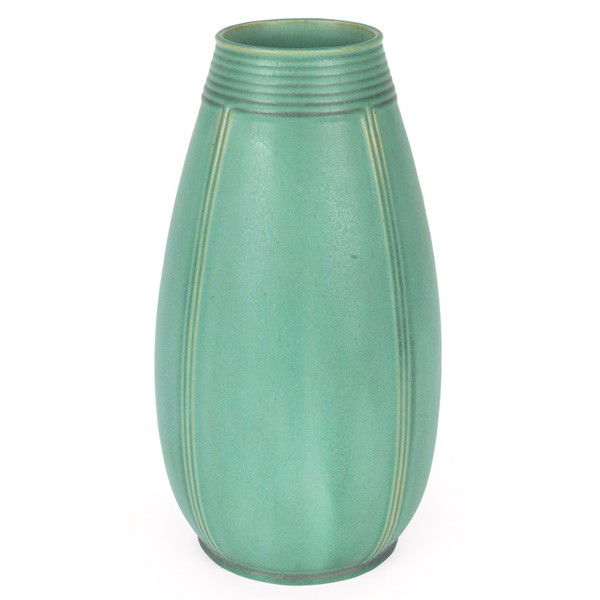 Teco vase, shape #252, Hugh Garden: Good Teco vase, shape #252, designed by Hugh Garden, ribbed design covered in a green matte glaze, impressed marks, 7"w x 12"h
