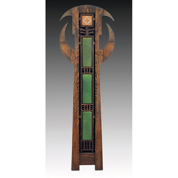 Grueby and Tiffany Studios Chicago tile frieze: Grueby and Tiffany Studios Chicago tile frieze, unusual composition, held in a contemporary wooden figural frame, tiles marked, overall: 17.5"w x 52"h
